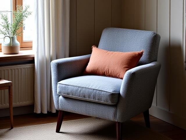 Komfortabel lenestol trukket i grå, norsk ull, med ben av mørkbeiset tre.