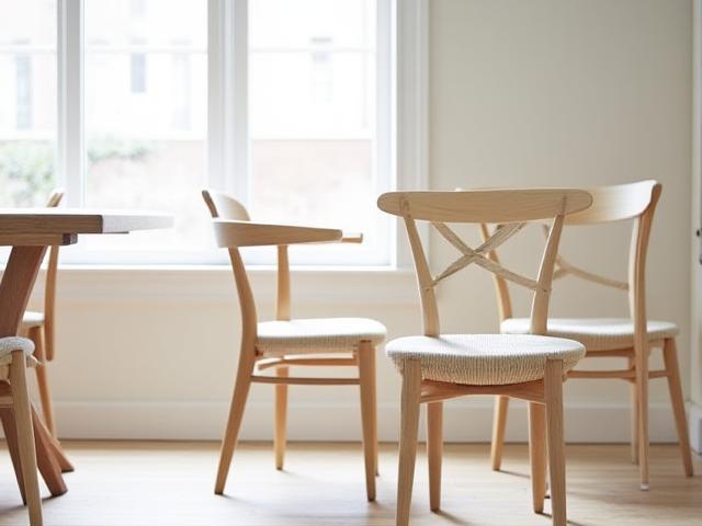 En elegant spisestol i lys bjørk med vevd sete.