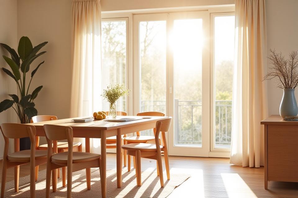 En lys og luftig spisestue der lys treverk og varme tekstiler fanger morgensolen.