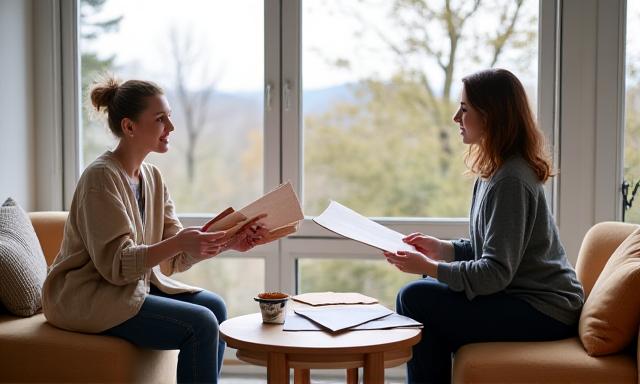 Interiørkonsulent som presenterer fargepaletter og møbelplan